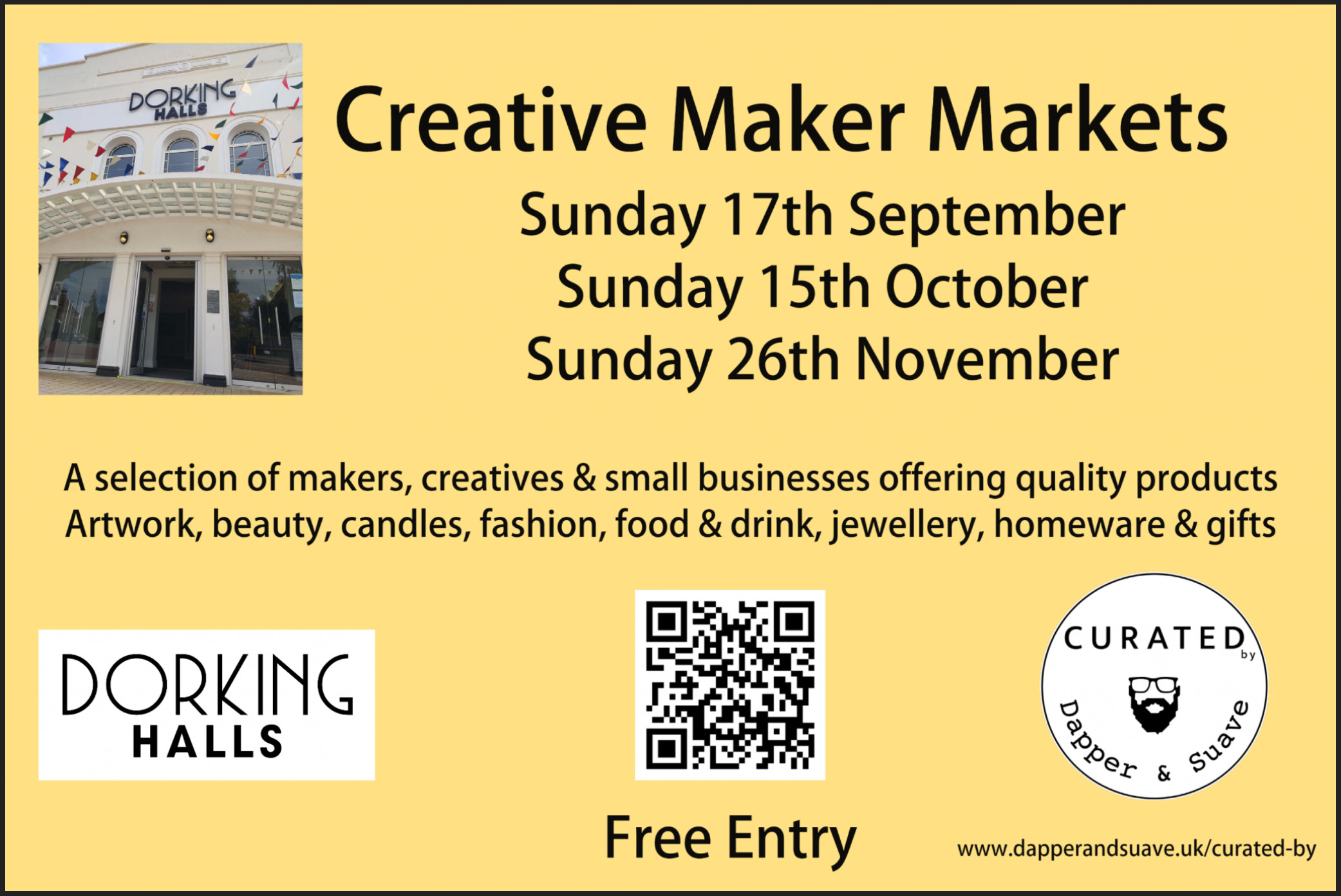 You are here: What's On > Curated by Dapper & Suave - Creative Makers Market at Dorking Halls Curated by Dapper & Suave Creative Makers Markets